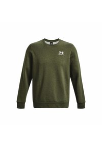Groene sweatshirt van textuurstof, met een ronde hals, lange mouwen en een klein wit Under Armour-logo op de borst.