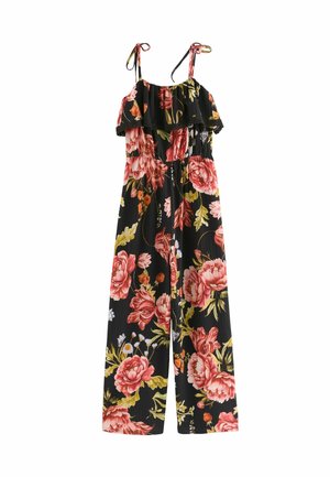 Svart blommig jumpsuit med volang i toppen, justerbara axelband och elastisk midja. Har livliga rosa och gröna blommönster på tyget.