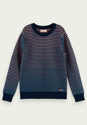 Pull rayé bleu marine, avec des rayures horizontales rouges et bleu clair. Encolure ronde et poignets côtelés. Logo de la marque sur l'ourlet.