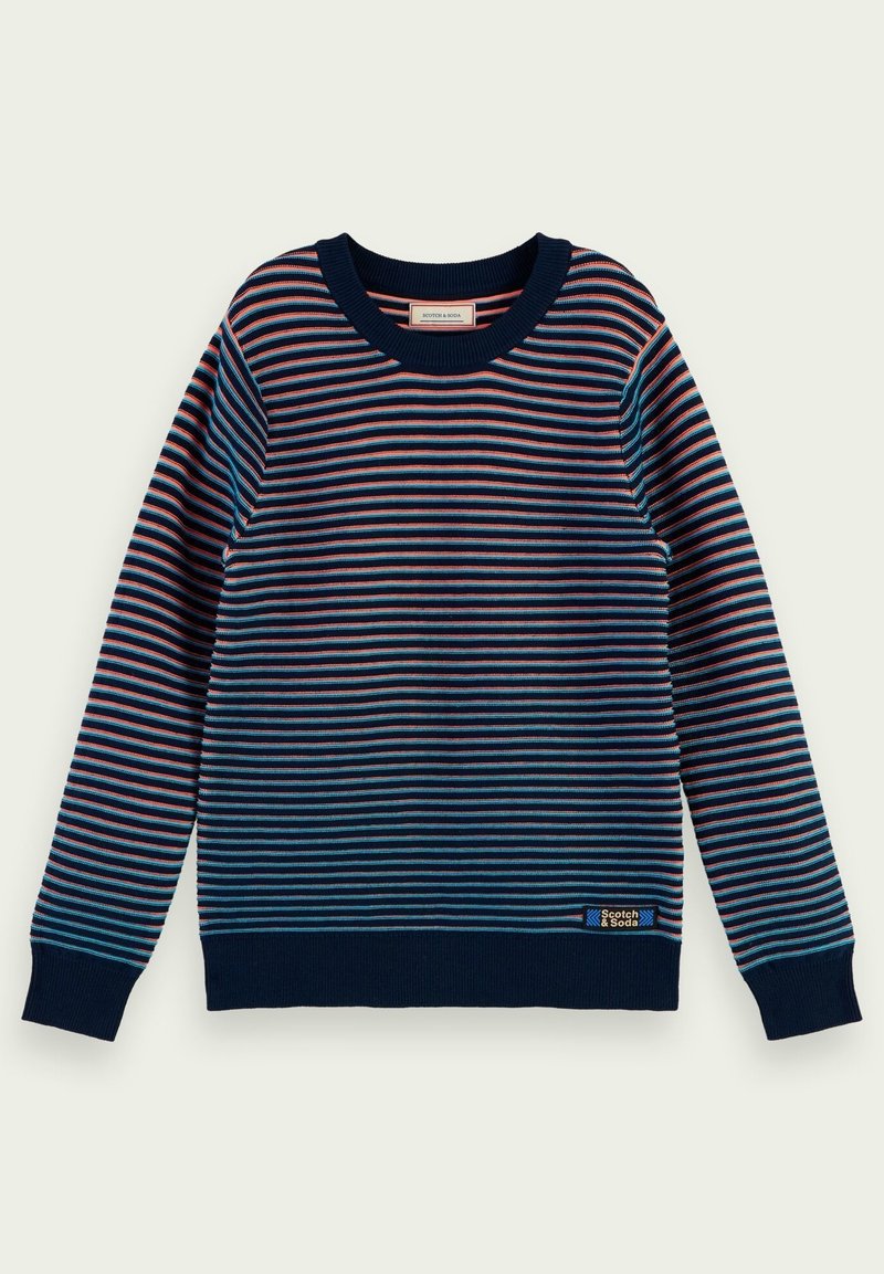 Pull rayé bleu marine, avec des rayures horizontales rouges et bleu clair. Encolure ronde et poignets côtelés. Logo de la marque sur l'ourlet.