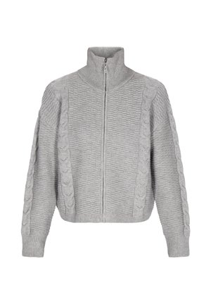 Hallidega kõrge kraega hall kootud särk, ees tõmbetõmblusega ja soonikuäärtega. Omab tekstuuriga paneele ja kaabelkootud elemente varrukatel.