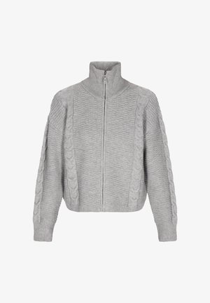 Hallidega kõrge kraega hall kootud särk, ees tõmbetõmblusega ja soonikuäärtega. Omab tekstuuriga paneele ja kaabelkootud elemente varrukatel.