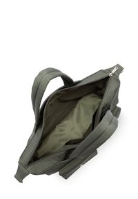 Borsa a tote verde oliva con chiusura a zip, materiale in tessuto, due manici robusti e un interno liscio con una piccola tasca.