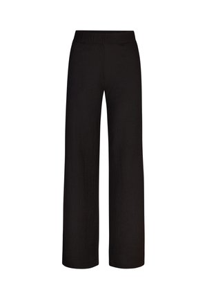 Zwarte broek met hoge taille en wijde pijpen, voorzien van een elastische tailleband, ontworpen voor een losse comfortabele pasvorm.