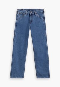 Jean en denim bleu coupe droite avec poches avant, passants pour ceinture et fermeture par bouton à la taille, présenté sur fond blanc.