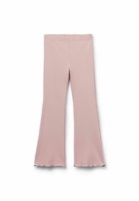 Pantalones de campana ribeteados en rosa con una cinturilla elástica suave y un dobladillo ondulado, presentando un diseño ajustado. Hechos de tela suave y elástica.