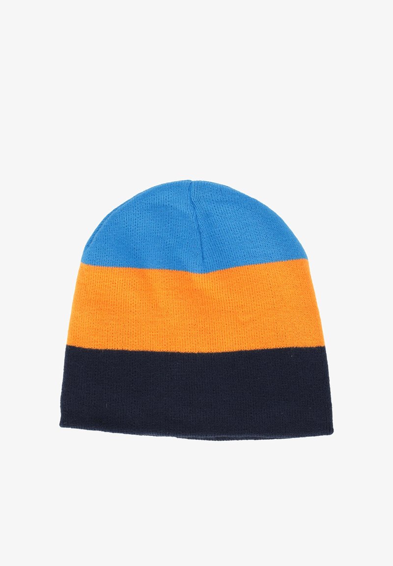 Knit beanie with three horizontal stripes: light blue, orange, and dark blue. Soft texture with a snug fit and rounded top.