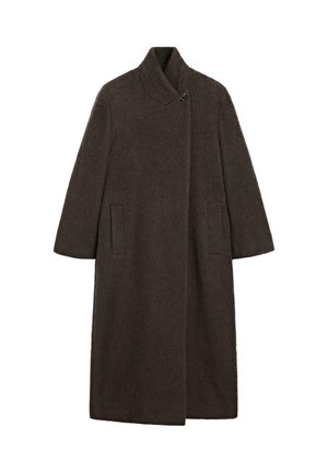 Langer, dunkelbrauner Wollmantel mit hohem Kragen, einreihigem Knopfverschluss am Hals und zwei seitlichen Taschen, flach auf weißem Hintergrund präsentiert.