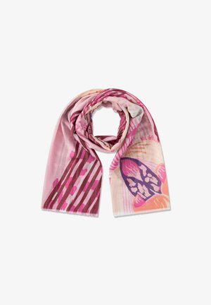 Écharpe rose avec des motifs abstraits floraux et rayés en violet, pêche et crème, pliée délicatement sur un fond blanc.