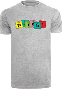 Gray cotton t-shirt featuring colorful periodic table elements: Ba, Zn, I, Ni, Ga, and text "Bazinga!" in bold font.