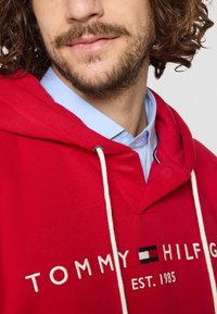 Felpa rossa in cotone misto con cappuccio e cordini. Presenta un logo ricamato e dettagli in blu e bianco. Indossata sopra una maglietta azzurra chiara.