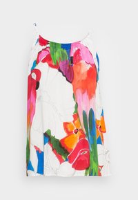 Bílý bezramenný top s barevným květinovým vzorem, obsahující živé červené, zelené a modré barvy. Nastavitelné tenké popruhy. Hladká textura.