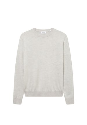 Pull en tricot gris clair avec un col rond et des manches longues. Il présente un ourlet et des poignets à côtes, fabriqué à partir d'un tissu doux et texturé.