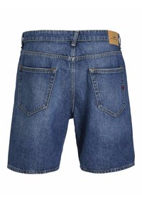 Shorts in denim, di colore blu, con vita media, design a cinque tasche e un'etichetta in tessuto color cammello sul retro con dettagli di cucitura.