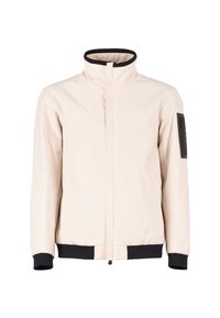 Giacca beige chiaro con colletto alto, polsini neri e dettagli con tasca con zip sulla manica sinistra. Texture liscia e opaca.