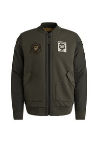 Veste bomber vert olive en tissu texturé, fermeture zippée, deux poches latérales et patchs brodés sur la poitrine et la manche.