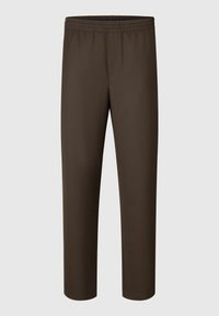 Bruine, rekbare broek van stof met een elastische tailleband en een rechte pasvorm. Heeft een subtiele glans en geen zichtbare patronen of hardware.