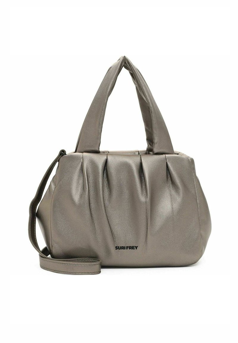 Borsa in grigio metallico con texture plissettata, doppi manici a tote e una lunga tracolla regolabile. Presenta il logo del marchio in nero.
