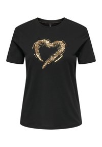 Camiseta de algodón negra con un diseño de corazón de lentejuelas doradas en la parte delantera. Mangas cortas, cuello redondo y corte relajado.