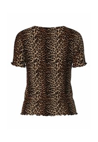 En leopardmönstrad kortärmad topp med scallopad nederkant, som har ett texturerat tyg i nyanser av brunt och svart. Bakifrån visad.