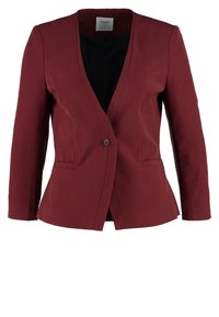 Veste cintrée pour femme en bordeaux, à manches longues, fermeture par un bouton unique, doublure intérieure noire.
