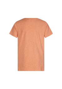 T-shirt a maniche corte di colore pesco con un sottile motivo testuale su tutta la superficie. Tessuto morbido, scollatura a girocollo classica e vestibilità regolare.