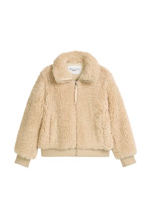 Beige, fluffy zip-up jasje met hoge kraag, geribbelde mouwen en tailleband, gemaakt van zacht, textuur faux schapenvacht stof.