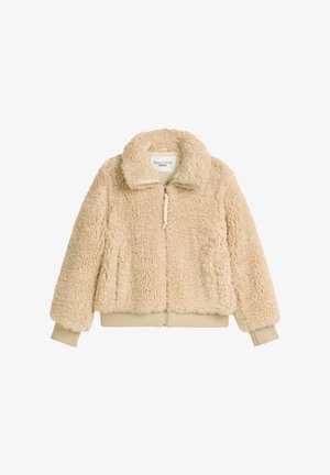Beige, flauschige Zip-Jacke mit hohem Kragen, gerippten Bündchen und Saum, aus weichem, strukturiertem Kunstschaffell gefertigt.