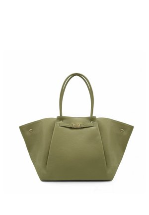 Sac à main en cuir vert olive avec double poignée, forme trapézoïdale large et petit fermoir doré sur le devant.