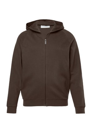 Sudadera marrón con cremallera y capucha, de manga larga, fabricada con tejido sostenible, presentada sobre un fondo blanco.