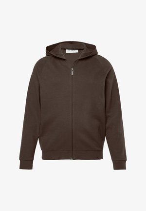 Brązowy rozpinany hoodie z długimi rękawami i kapturem, wykonany z materiałów zrównoważonych, prezentowany na białym tle.