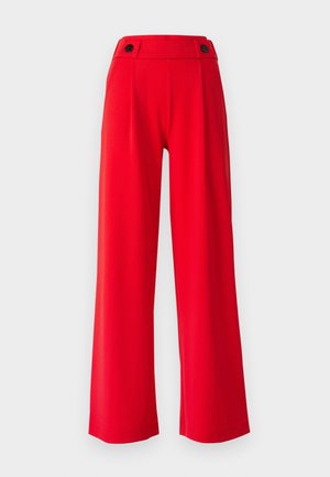 Red wide-leg trousers with a high waist, featuring two black buttons on the waistband and a smooth, lightweight fabric.