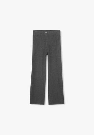Pantalon tricot côtelé gris foncé avec jambes larges et taille élastique, présenté à plat sur fond blanc.