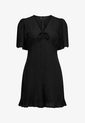 Zwarte korte romper met poffende korte mouwen, V-hals, trekkoorddetail in de taille en gerimpelde zoom. Gemaakt van lichtgewicht stof.