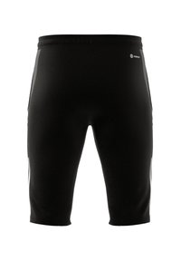 Zwarte sportshorts van gladde, rekbare stof. Heeft een strak ontwerp, een elastische tailleband en reflecterende accenten aan de zijkanten.