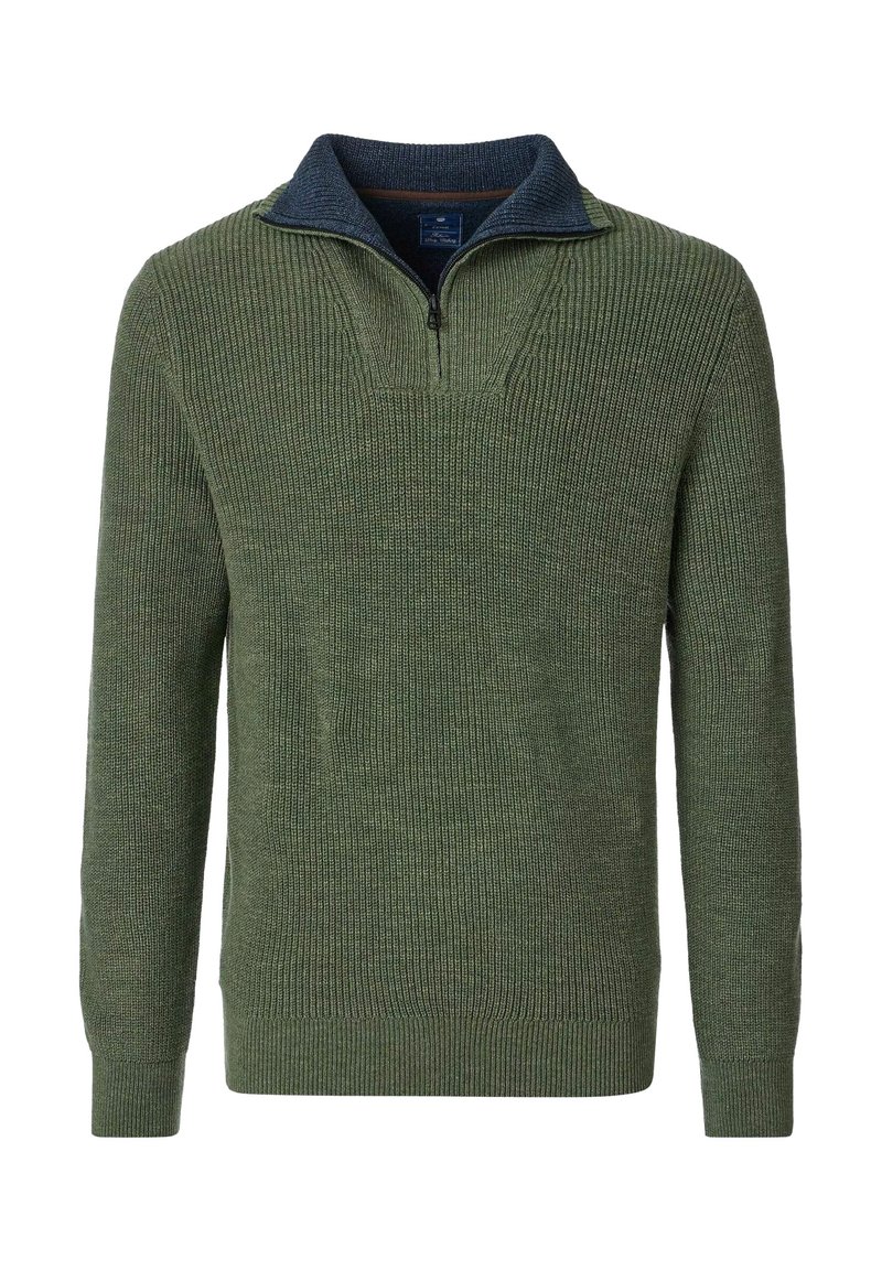 Grüner, gerippter Pullover mit einem halben Reißverschluss-Kragen. Verfügt über einen kontrastierenden dunkelblauen Kragen. Hergestellt aus strukturiertem Stoff mit langen Ärmeln.
