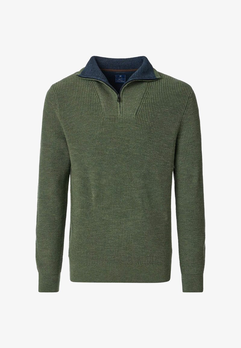 Grüner, gerippter Pullover mit einem halben Reißverschluss-Kragen. Verfügt über einen kontrastierenden dunkelblauen Kragen. Hergestellt aus strukturiertem Stoff mit langen Ärmeln.