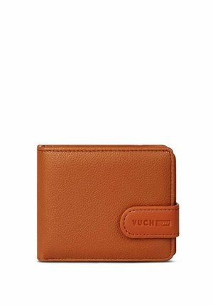 Brauner Leder Geldbeutel mit strukturierter Oberfläche, klappbarem Design und Druckverschluss. Mit geprägtem Logo auf der Vorderseite.