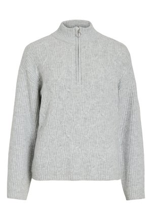 Maglione grigio con zip al collo, realizzato in tessuto a maglia, caratterizzato da un motivo a trecce testurizzato, maniche a costine e un colletto alto.