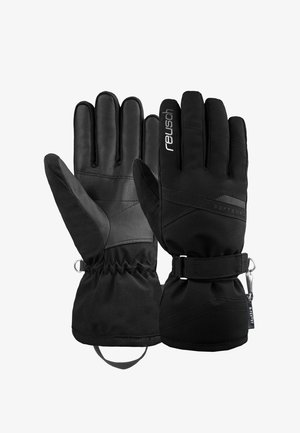 Gants noirs avec un extérieur en softshell et une paume en cuir. Ils comprennent une sangle de poignet ajustable et des poignets froncés pour une isolation supplémentaire.