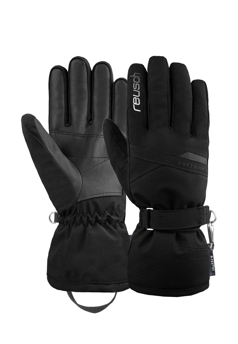 Guanti neri con un esterno in softshell e palmo in pelle. Sono dotati di un cinturino regolabile al polso e polsini arricciati per un'ulteriore isolamento.