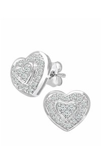 Hõbedast südamekujulised kõrvarõngad, millel on kahekihiline disain ja mitu väikest läbipaistvat kivi tekstureeritud pinnal.