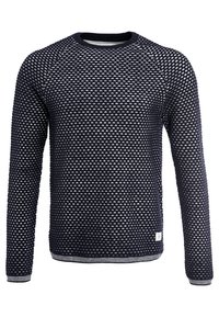 Pull bleu marine avec un motif texturé, manches longues, encolure ronde et ourlet côtelé. Présente des rayures claires contrastantes aux poignets.