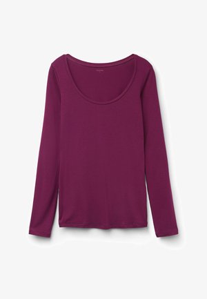 Long-sleeve top in dark purple, featuring a rounded neckline, soft fabric, and a relaxed fit with straight hem and no discernible patterns.