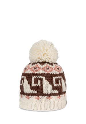 Bonnet d'hiver tricoté avec un motif géométrique marron et rose, base crème et grand pompon crème sur le dessus.
