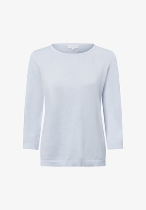 Lichtblauw gebreid sweater met een ronde halslijn, driekwart mouwen, geribbelde manchetten en een rechte zoom. Zachte textuur en eenvoudig ontwerp.