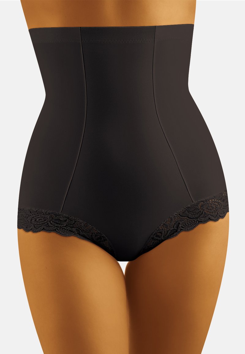 Høj talje shapewear i sort stof, glat overflade, med blonder kant forneden. Designet til kropsformning og støtte.