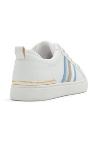 White sneaker with light blue stripes, gold accent on heel, and textured sides. Features flat laces and a cushioned interior.