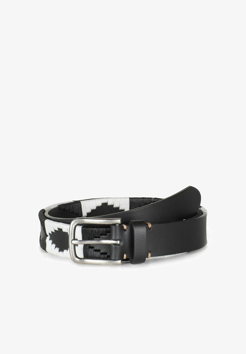 Black leather belt with silver buckle, featuring a woven black and white geometric pattern along its length.