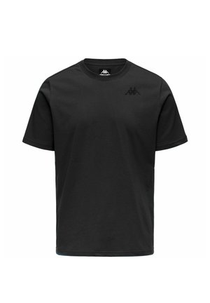 T-shirt nera a maniche corte con collo tondo, con piccolo logo nero sul petto sinistro e davanti semplice.